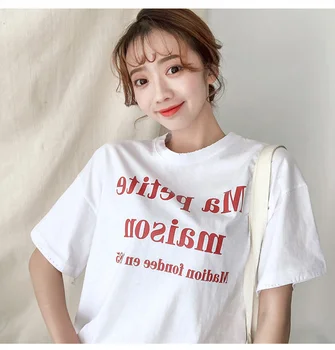 

Qooth New 2020 Summer Women T-shirt Print Letter T Shirt White Cotton maison Tops Tee Harajuku Tshirt qh2289