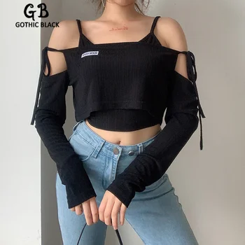 

Gothblack Sexy Streetwear Knitt Top 2 Piece Ste Gothic Loose Off Shoulder Long Sleeve Hollow Out Tshirt And Bodycon Tank Top Set
