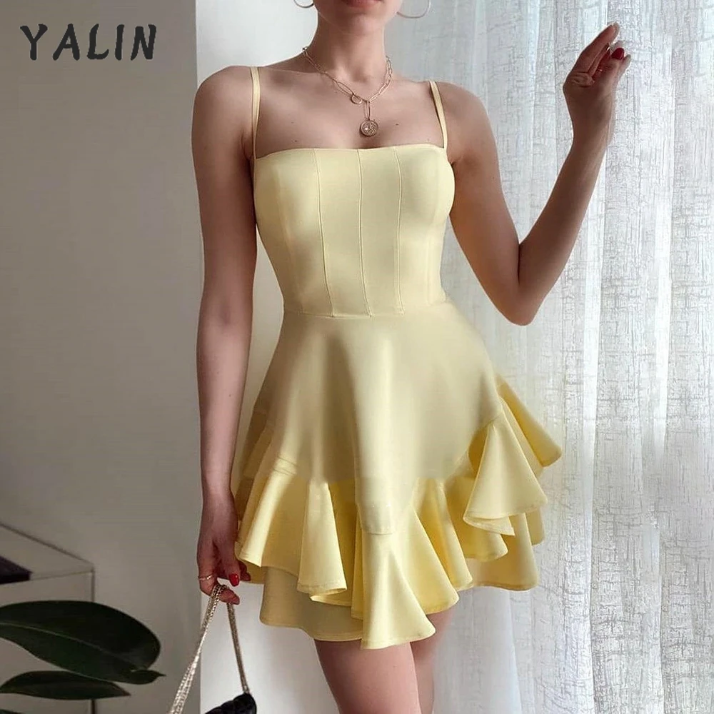 YALIN Solid Color Mini Homecoming Dresses Spaghetti Straps Ruffles Prom Dresses Satin Clubbing Party Short Graduation Dresses