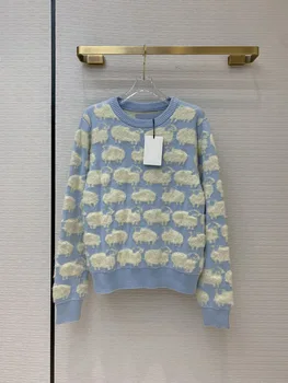 

High-end Warm Sweater Shirt 2020 Early Autumn Women Casual Sheep Cloud Jacquard Knit Round Neck Long Sleeve Tops Sweaters Jumper