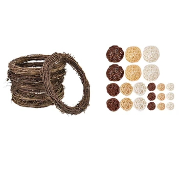 

6x Rattan Wreath, Twigs Wreath DIY Vine Wreath Decorations 7.9 Inches & 21 Pcs Mixed 3 Colors Rattan Balls Vase Fillers