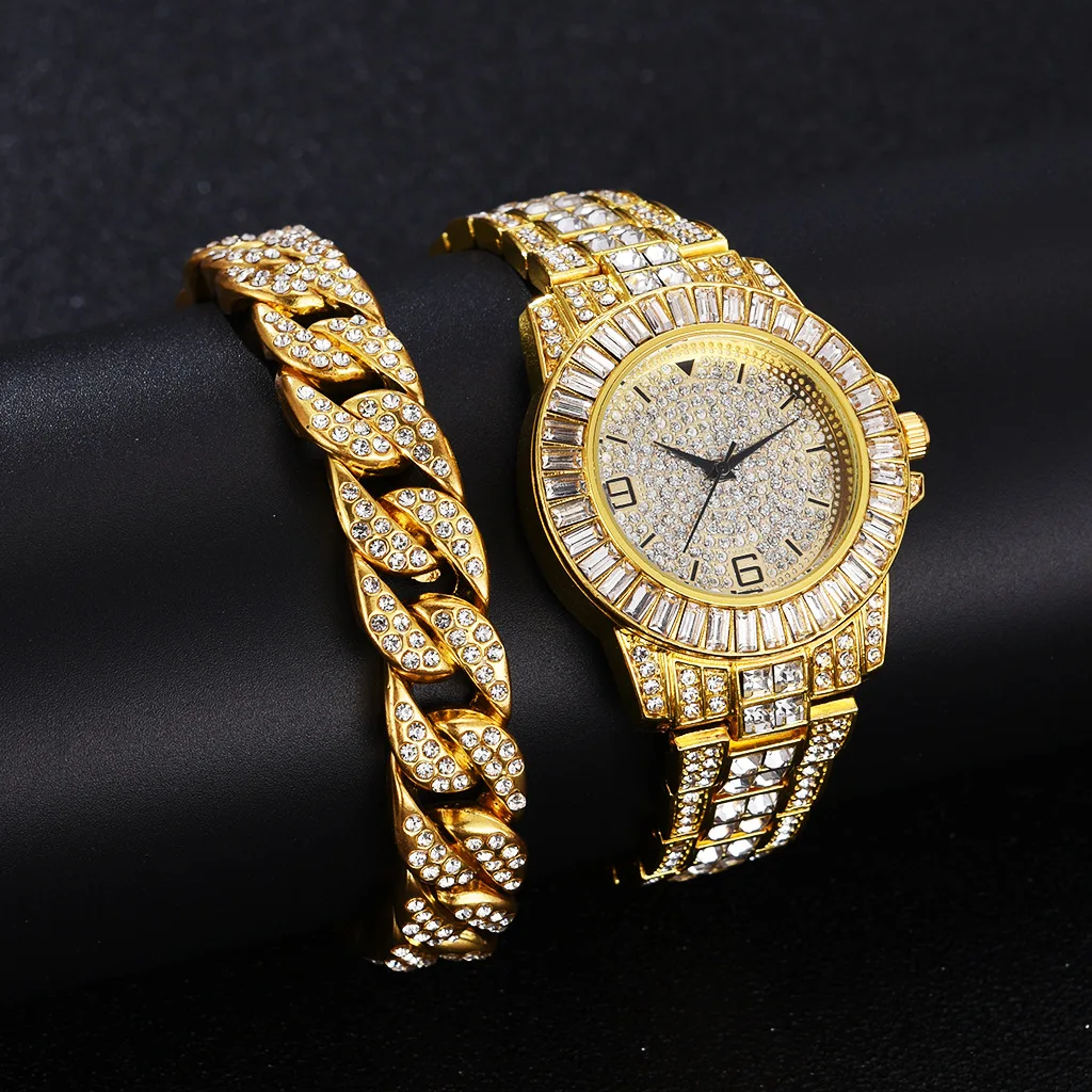Gold Diamond Cool Iced Out Watch + Bracelet for Men Couple Luxury Male Clock with Cuban Chain Fashion Jewelry Religio Masculino