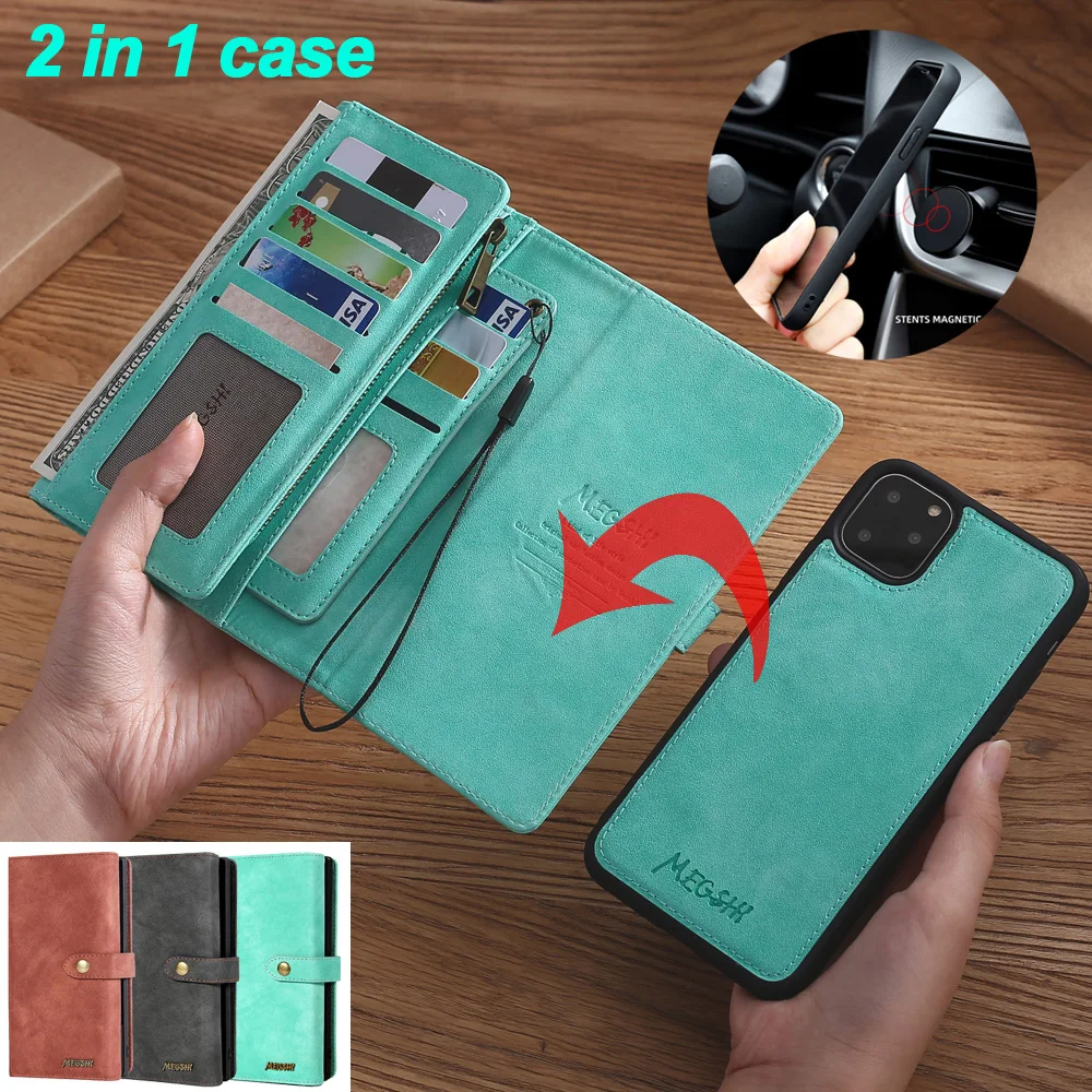 

Removable Multi-functional Purse Leather Case for iPhone 11 Pro Max Xs Max X 8 7 Plus Wallet Card Cover For Apple iPhone Series