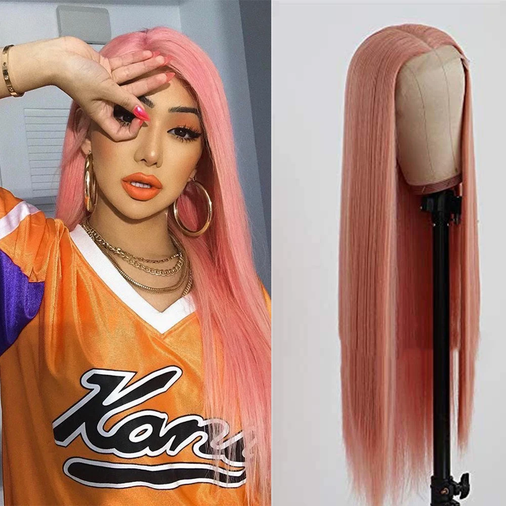 

Oxeely Pink Hair Straight Synthetic Lace Front Wig for Women Glueless Wigs Long Hair Natural Baby Hair