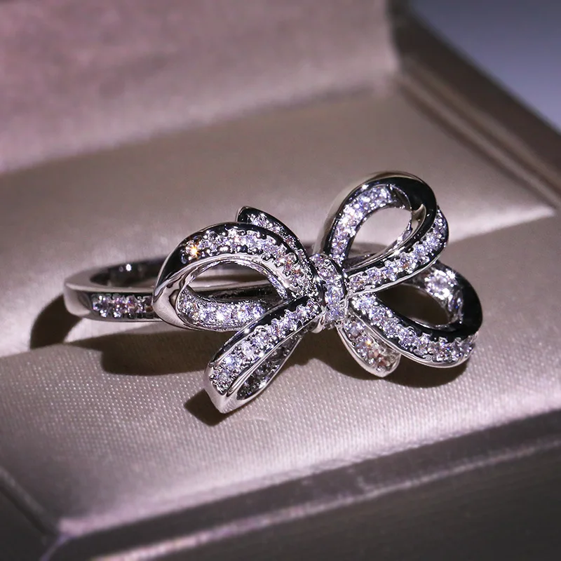 

Fashion Bowknot Zircon Ring Silver Party Wedding Band For Women Bridal Statement Jewelry
