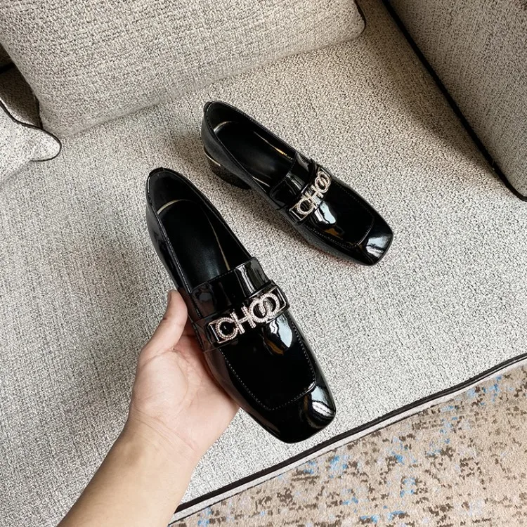 

2020 Black And White with Pattern Western Style Wine Small Leather Shoes Spring New Style Snap Fasteners Square Head Chunky-Heel