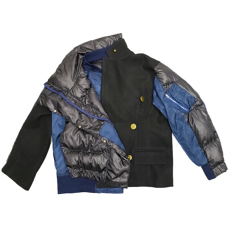 Leisure Vogue Single Breasted Irregular Stand Collar Patchwork Women Loose Oversize Black Woolen Coat Winter New L400