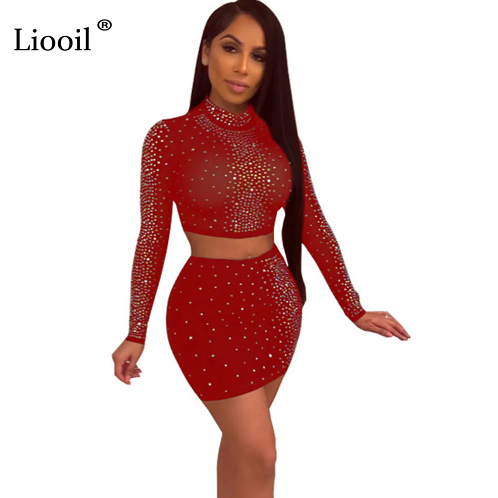 Liooil Rhinestone Mesh Sheer Tight Two Piece Set Party Club Outfits Women Long Sleeve O Neck Sexy Crop Top And Mini Skirts