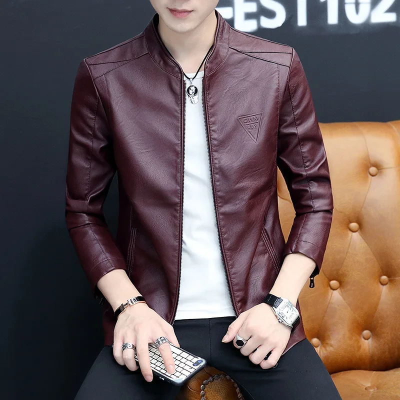 

Spring And Autumn New Style Solid Color Youth Korean-style Fashion Casual Slim Fit Cool Embossed MEN'S Leather Coat