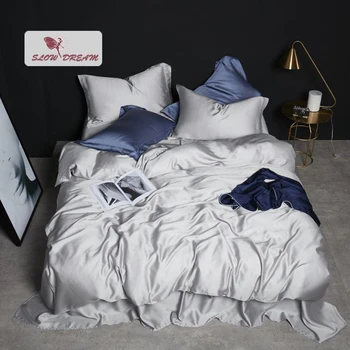 

SlowDream Women Beauty 100% Silk Gray Bedding Set Best For Skin Care High Quality Duvet Cover Pillwocase Queen King Flat Sheet