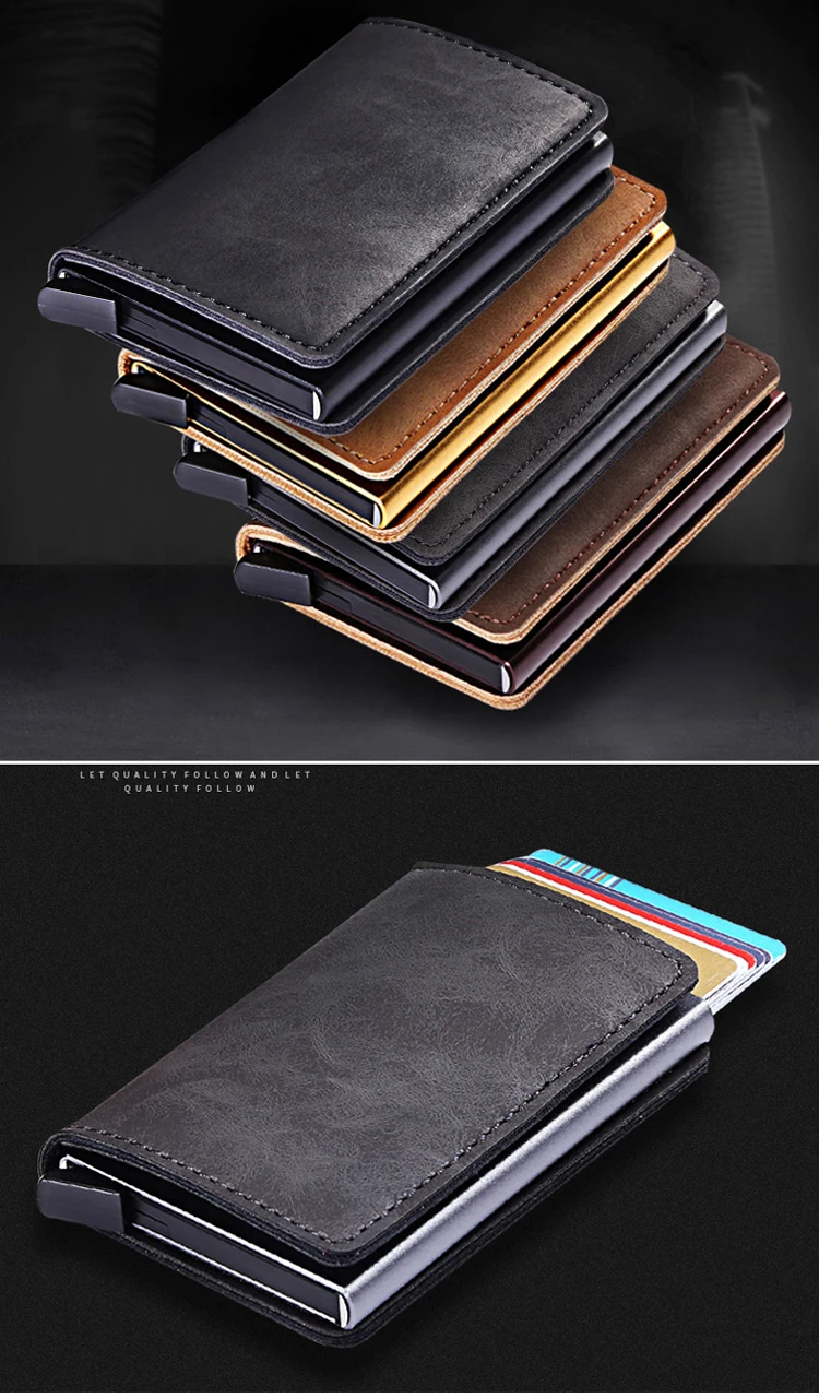 Super thin metal PU leather card case light weight RFID blocking credit card holder pop up business card wallet