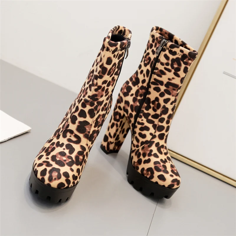 Большие размеры, женские замшевые леопардовые ботинки на высоком каблуке 12,5 см, носки фетиш, ботильоны, вечерние ботинки на блочном каблуке, осенне-зимняя обувь на платформе
