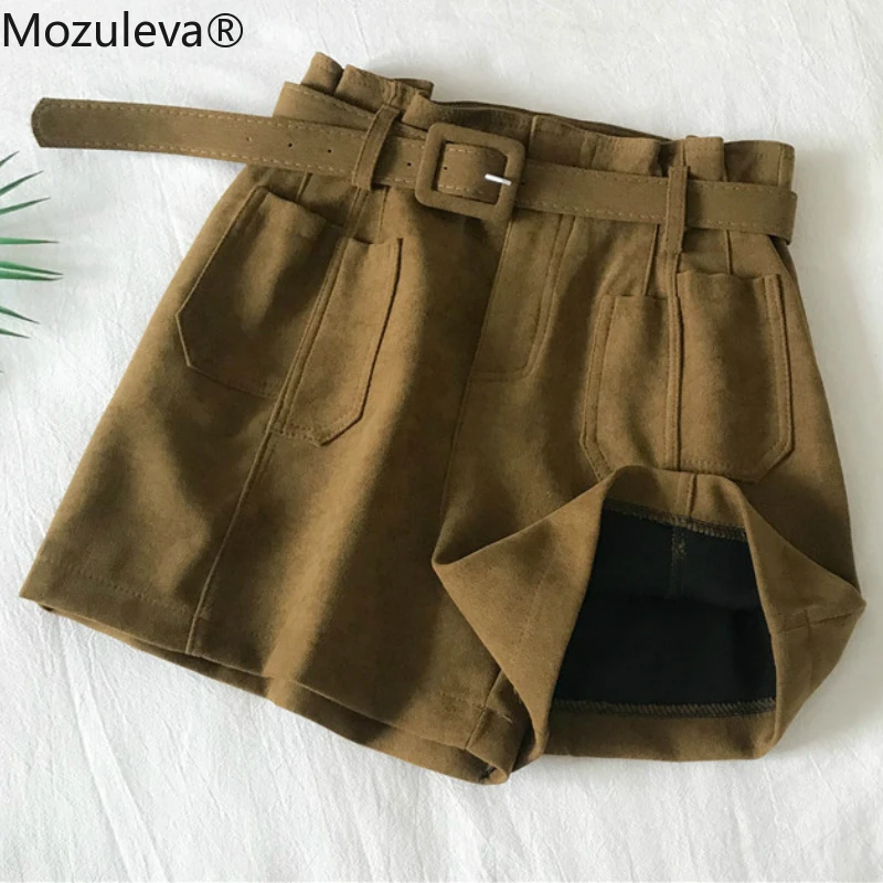 Mozuleva, осенние модные однотонные Женские Короткие повседневные шорты, высокая талия, кушак с карманами, женские свободные широкие шорты для отдыха