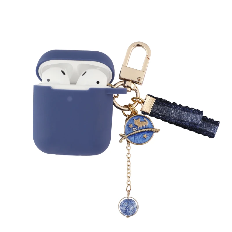 Luxury Cute Moon Cat Girls Key Ring Blue Silicone Case for Apple Airpods Cases Bluetooth Earphone Protective Cover Headset Box