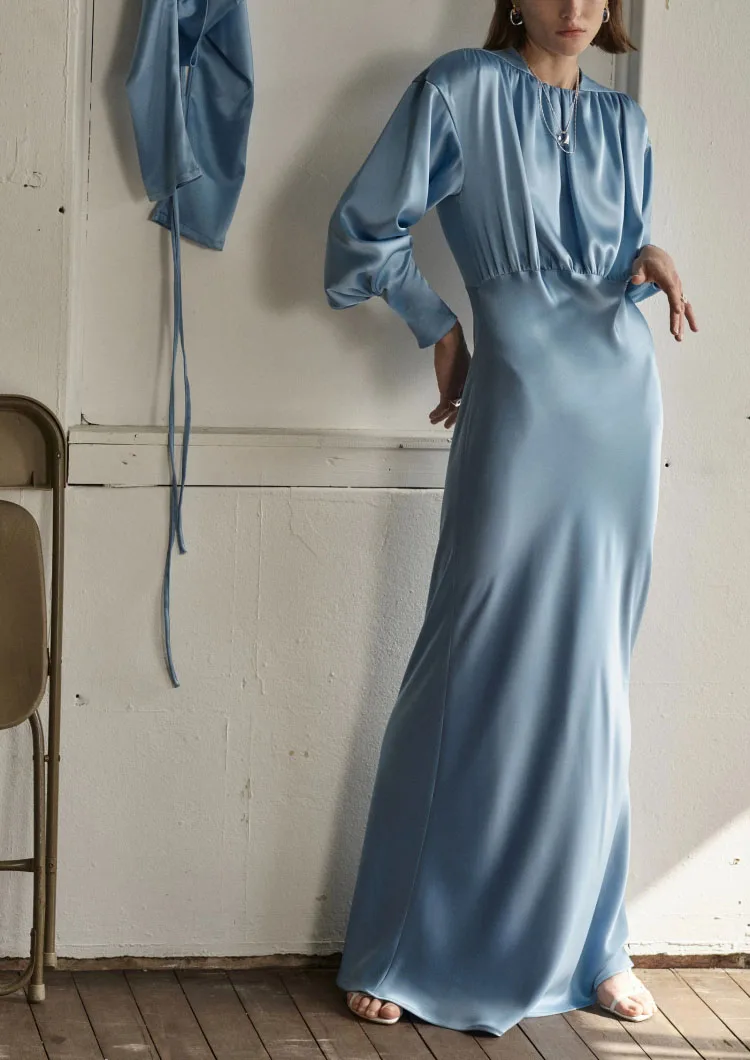 Модное ретро винтажное Элегантное синее атласное шелковое длинное платье Vestidos макси для женщин высокое качество женское платье с рукавами-фонариками