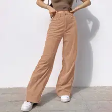 

Women Trousers Solid Color High Waist Pants Straight Wide Leg Pockets Corduroy Trousers