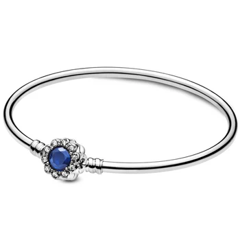 

New 925 Sterling Silver Bangle Brilliant Life With Blue Crystal Snake Chain Bracelet Fit Women Bead Charm Diy Europe Jewelry