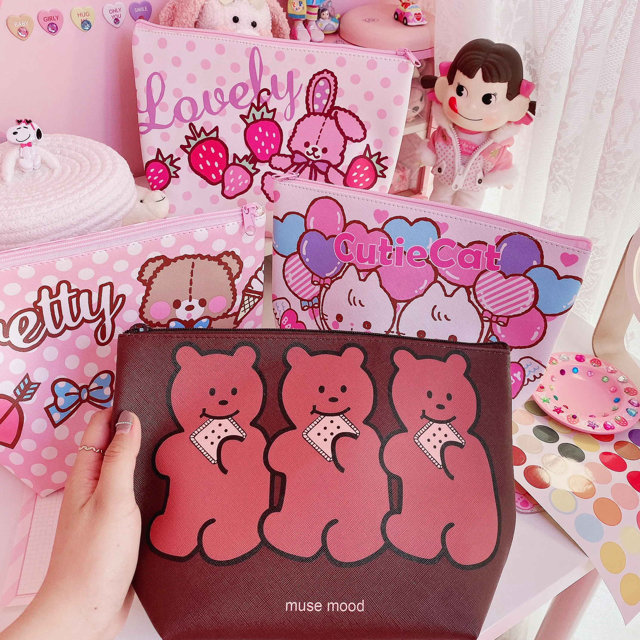  1pc Lovely Bear Rabbit Large Capacity PU Leather Purses Zipper Cosmetics Bag lady make up Storage G