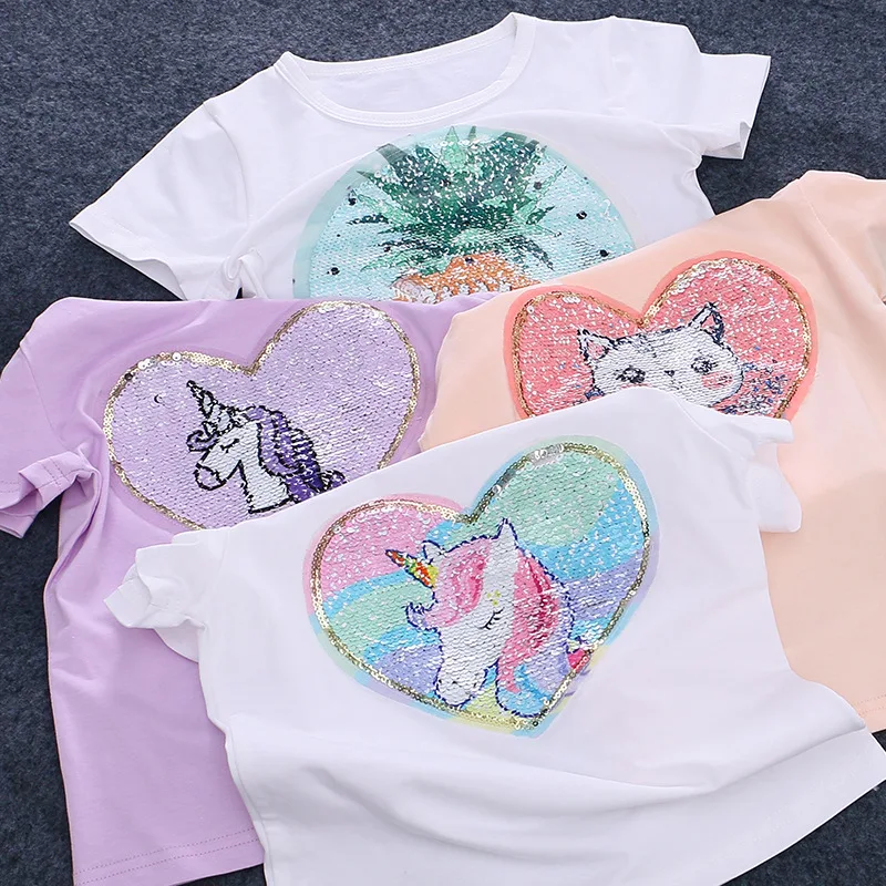 

Summer girls tee shirt boys T shirt baby pullover kids tops children Clothes unicorn discoloration sequin glitter 3 to 9 yrs