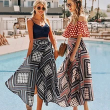 Женская летняя длинная юбка макси с принтом размера плюс, женская уличная юбка с завышенной талией и завязками в стиле бохо