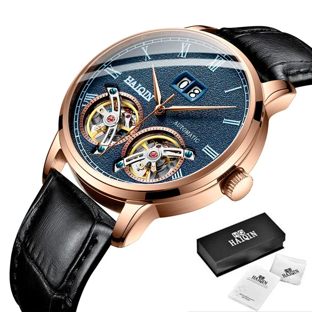 Механические Мужские часы Топ люксовый бренд HAIQIN модные автоматические наручные часы мужские водонепроницаемые спортивные часы Reloj hombres - Цвет: Gold blue-L