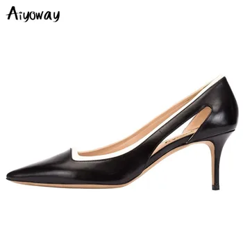 

Pointed Toe Middle Heels Cut Out Sexy Women Ladies Pumps Slip-On Autumn Spring Office Party Dress Shoes Black Aiyoway