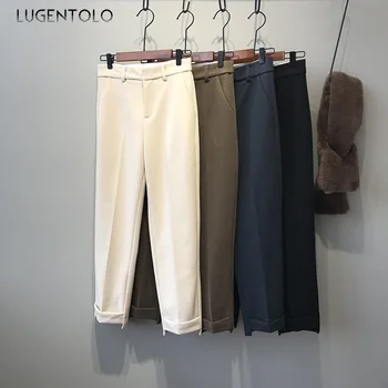 

Lugentolo Women Pants Autumn Winter Korean High Waist Solid Casual Loose Warm Straight Ankle-length Simple Elegant Lady Pants