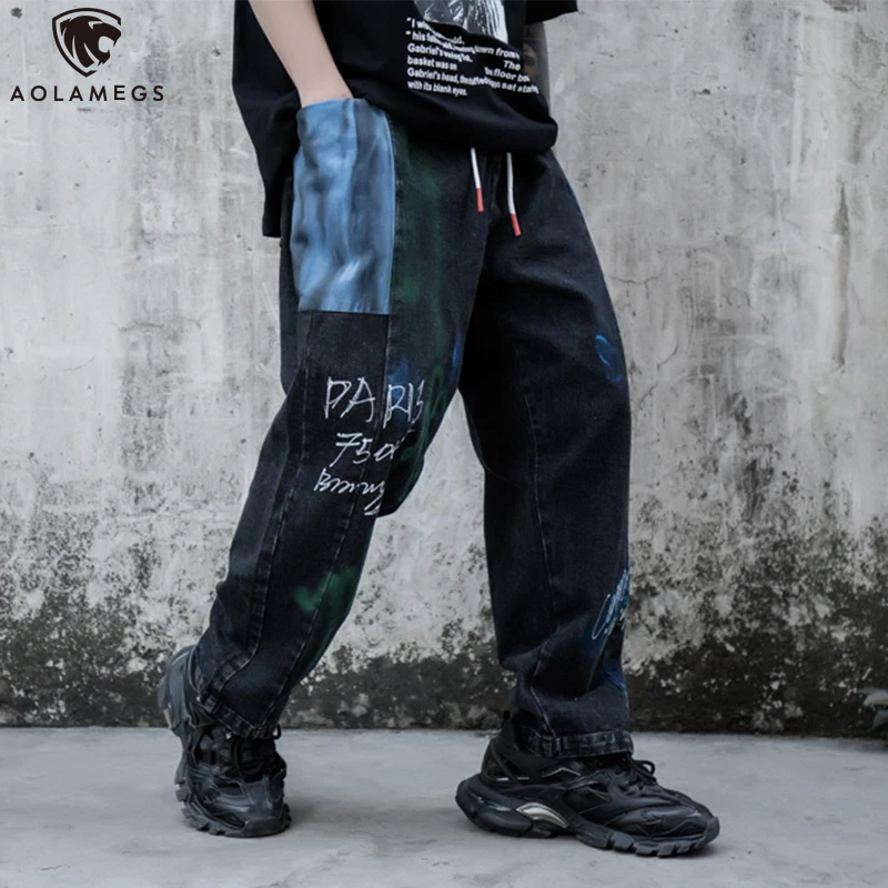

Aolamegs Pants Men Color Block Patch Graffiti Joggers Sweatpants Casual Hip Hop Style Trousers Harajuku Fashion Youth Streetwear