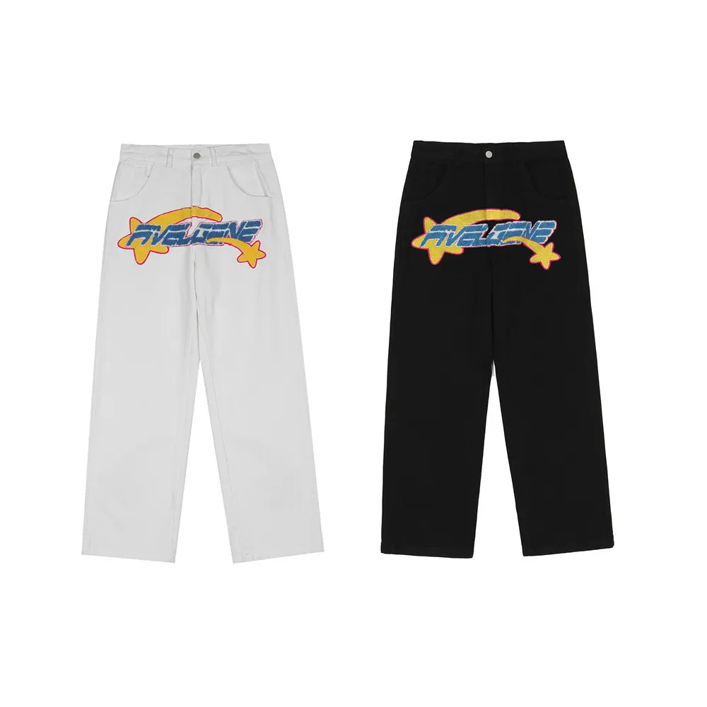 2021 New Arrival Letter Embroidery Hip Hop Men Wide Leg Jeans Trousers Punk Straight Casual Baggy Denim Pants Pantalones Hombre