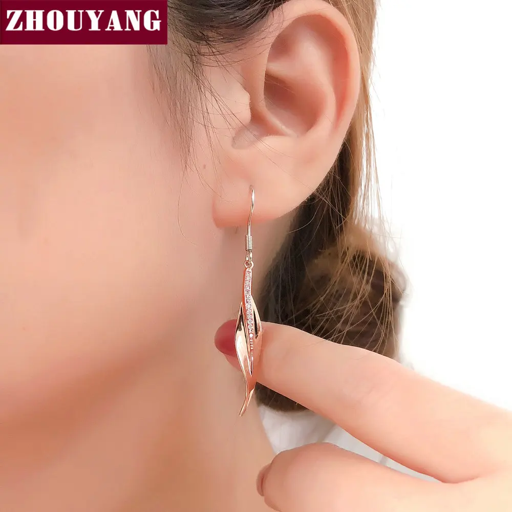 ZHOUYANG серьги падения для Для женщин Простое розовое золото Длинный листик форма кубического циркония две серебряные тона Цвет подарок