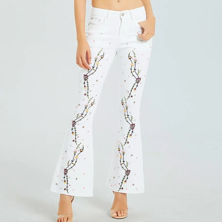 2020 Pantalones Vaqueros Blancos De Mujer Con Cuentas Y Bordado
