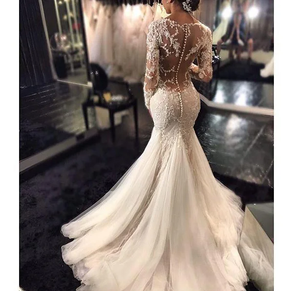 Gorgeous Lace Mermaid Wedding Dresses African Arabic Style Petite Long Sleeves Fishtail Bridal Gowns Plus Size 4