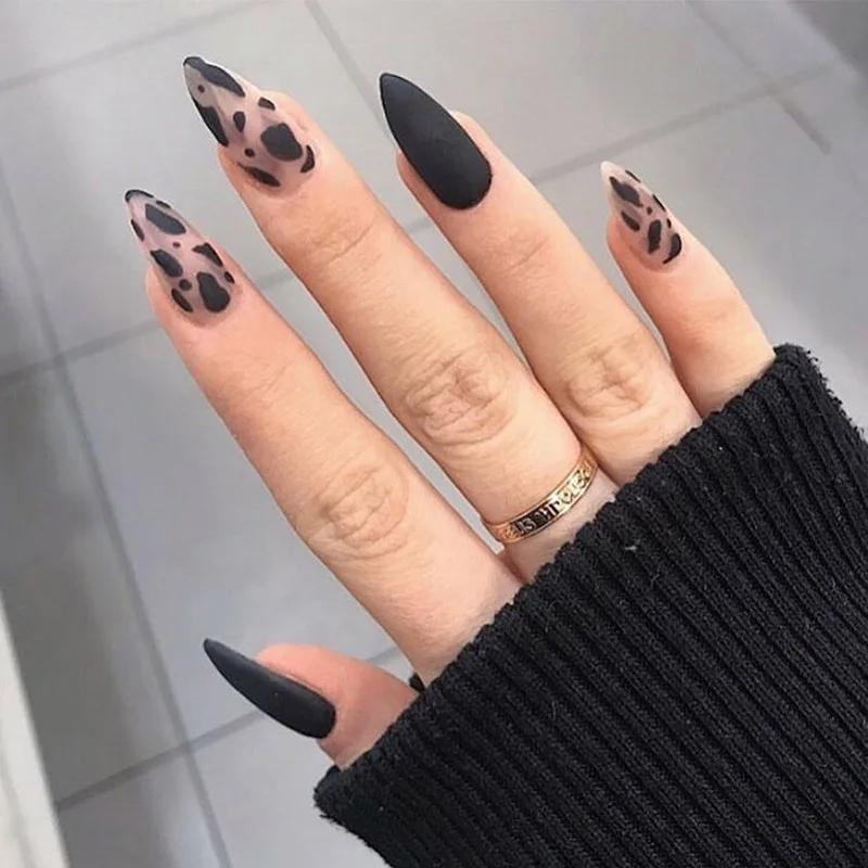 

24pcs matte false nails with glue Black color Leopard Wear Finished product wearable full cover acrylic press on nails