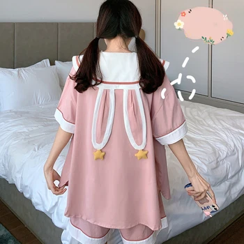

Summer Japanese Soft sister Sweet Rabbit Ears Sleepwear Big lapel Short sleeve Cardigan Pajamas Shorts Homewear Two-piece Sets