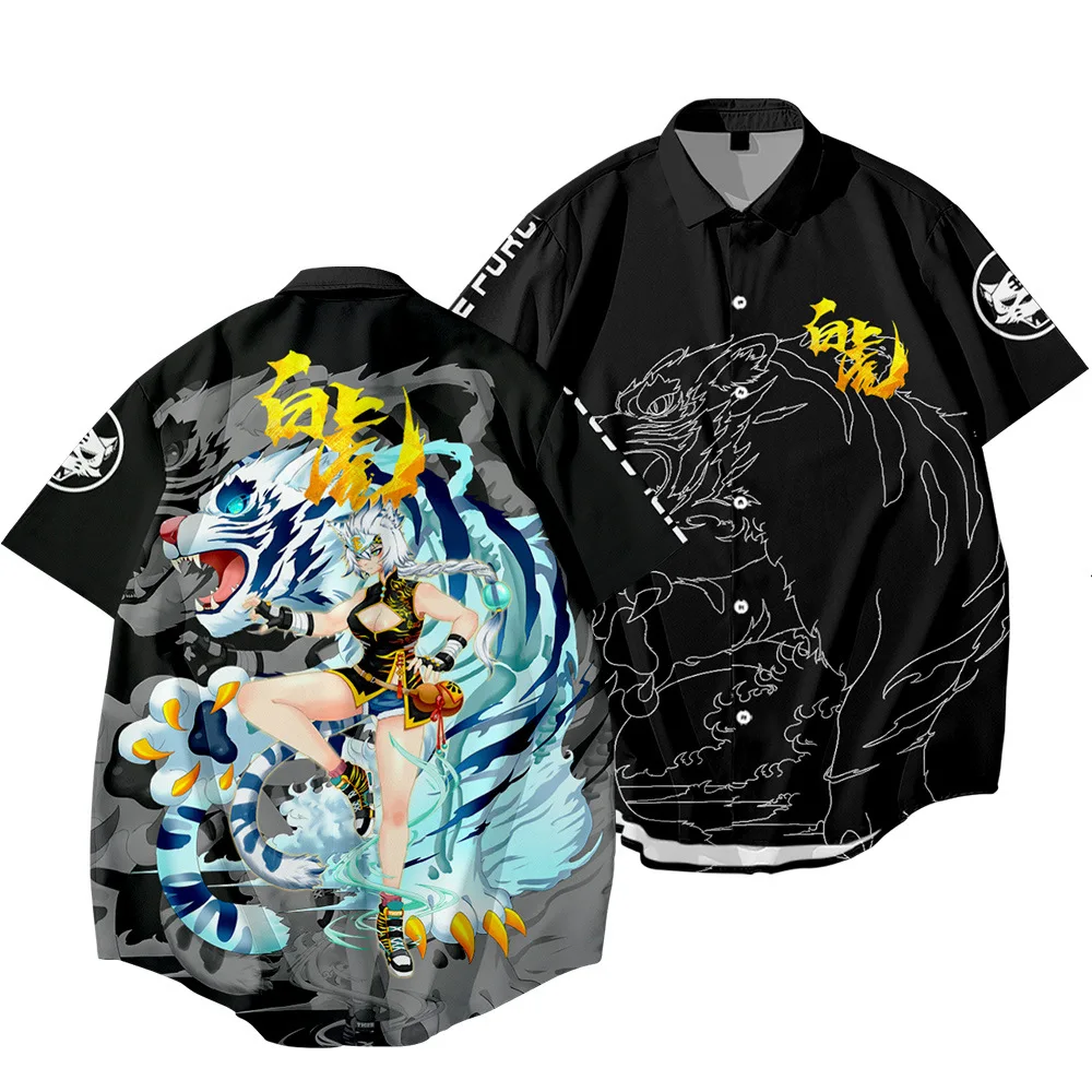 Harajuku Japanese Cartoon Anime White Tiger Print Short Sleeve Shirt Streetwear Casual Men Shirt Hawaiian Hip Hop Black Shirt