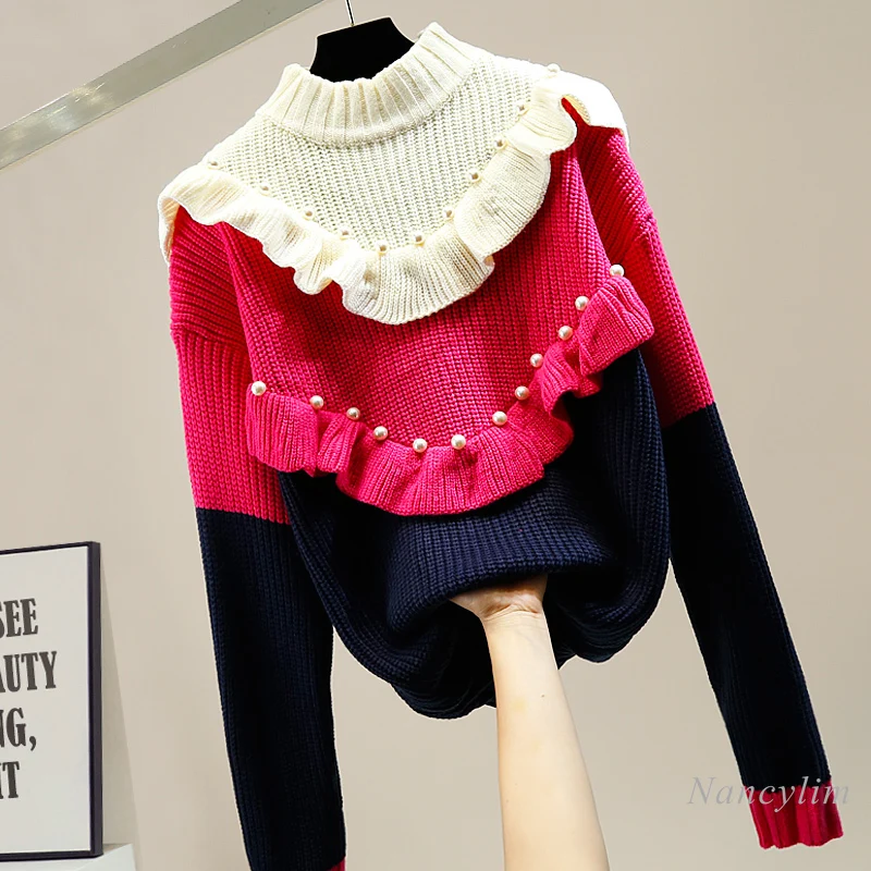 

2020 Autumn Winter Woman's Fashion Beads Pleated Ruffles Stitching Pullover Loose Sweater Female Turtleneck Jumper Femme
