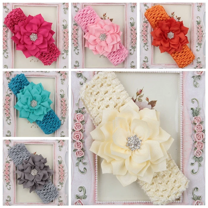 

13 Color Shining Rhinestone Lotus Headband Solid Color Handmade Knitted Elastic Hairband Baby Girl Accessories Children Headwear