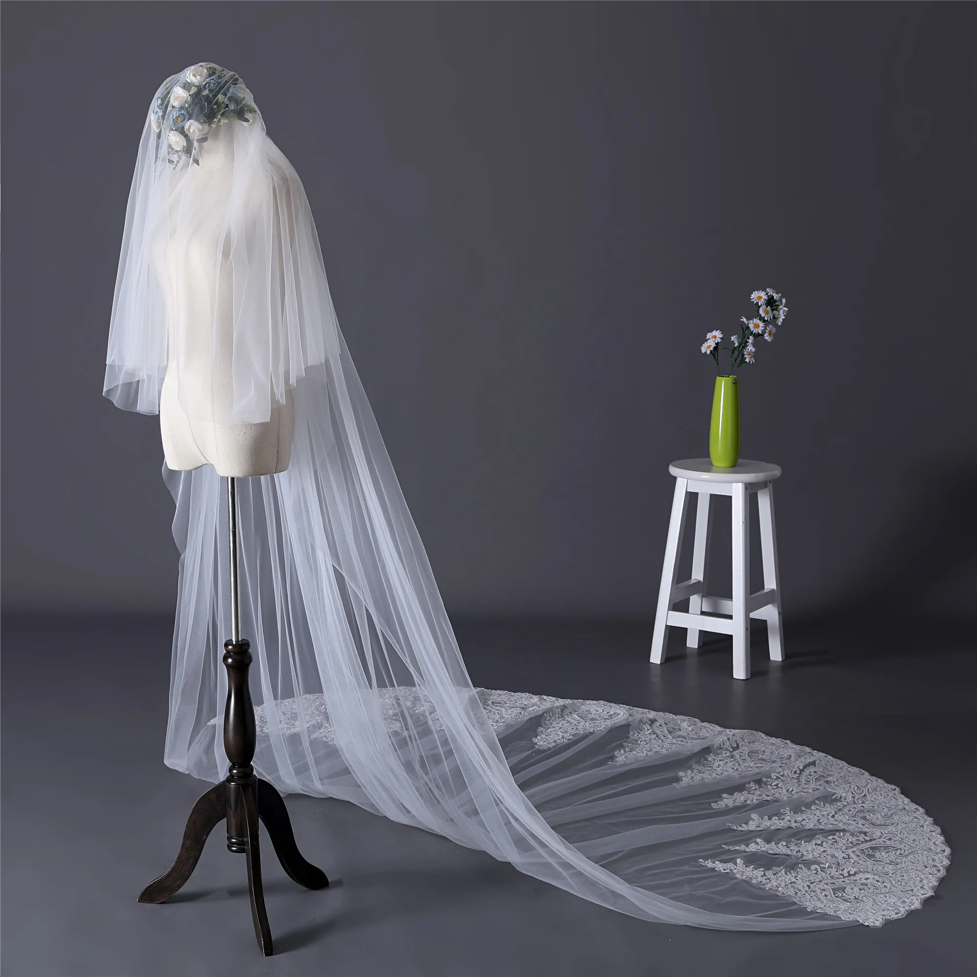 Erosebridal Румяна невесты вуаль кружева свадебная фата слоновой кости Длинная Вуаль собора на заказ размер