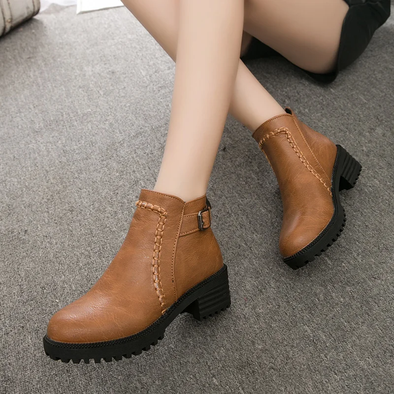 Women's Ankle Boots Zipper Square heel Vintage Print Leather Shoes for Women Buckle Strap Round Toe Casual Short Boots Shoes