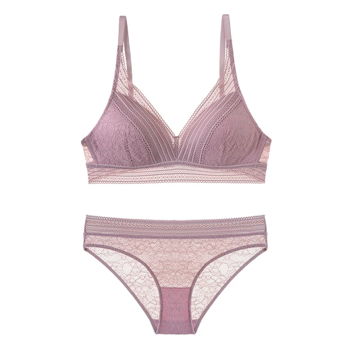 pale pinkish grey Lace Thin Cup One-piece Wireless Bra and Panties Set Underwear Push Up Girls Bras Lingerie for Women - Цвет: pale pinkish grey