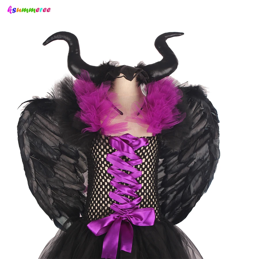 Дети Maleficent злой королевы девушки Хэллоуин вычурная юбка платье костюм дети крестины платье черный Халат злодея одежда