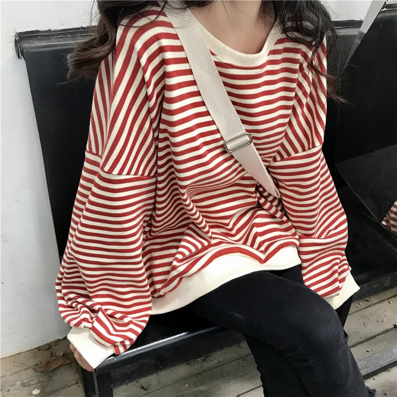 

Pullovers womens clothing Striped sweatshirt women kpop outerwear Preppy Style Cotton Full korean hoodie popular loose