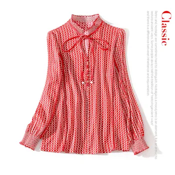 

New style ear edge stand collar tie bow loop Print Long Sleeve Silk double Georgette Satin Shirt Top