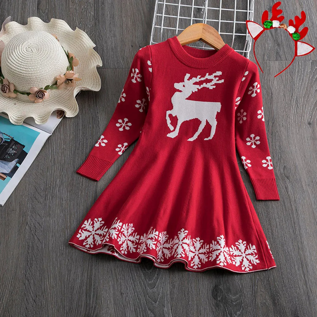 Зимние Детские платья для девочек; рождественское платье; платье для девочек; вязаное платье принцессы с рождественским оленем и повязка на голову; vestido infantil