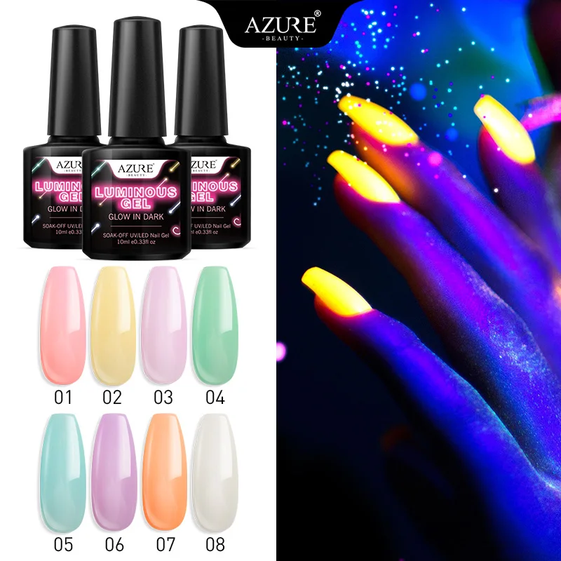 

AZURE BEAUTY 8Pcs/Lot Fluorescent Nail Gel Polish Soak Off Long Lasting Gel Luminous In Dark Led Nail Varnish Polish Gel Kits