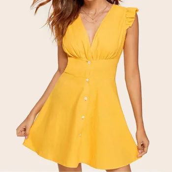 

Dressv Prom Dresses 2020 Short Sweet Yellow Ruffles Women Cap Sleeve V-Neck Stringy Selvedge Button A-Line Prom Party Dress