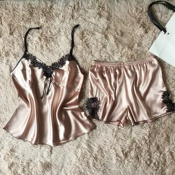 

V-neck suspenders pijamas sets sexy nightware women's lace silk satin pajamas sets design short pants pyjamas sets size M-XXL