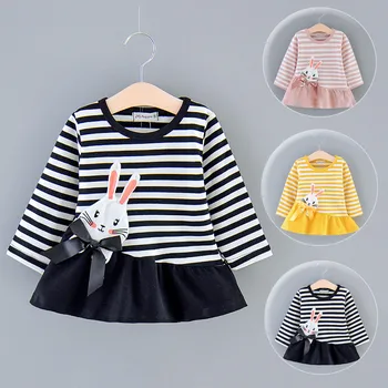 

Girls Dress платье для девочки Fashion Stripe Long Sleeve Cute Cartoon Print Ruffle Tops Shirt Outfits Mini Dress Free Ship