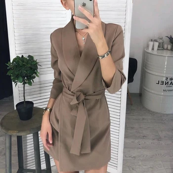 

Women Sexy Sashes a Line Mini Dress Seven Sleeve v Neck Casual Office Lady Elegant Dress Vintage Solid 2019 New Winter