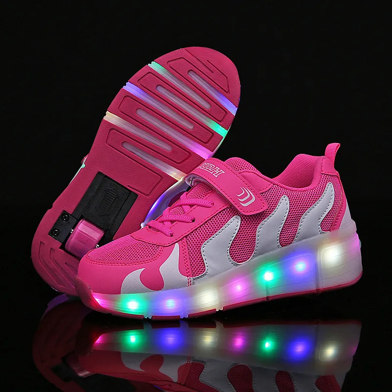 Розовая детская обувь с светодиодный детский роликовый скейт кроссовки Heelys колеса Светящиеся светодиодный светильник для мальчиков девочек Zapatillas Con Ruedas - Цвет: as picture